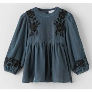 Zara Girls 8 Velvet Blouse Embroidered Beaded Gray Black Floral Party Winter Top